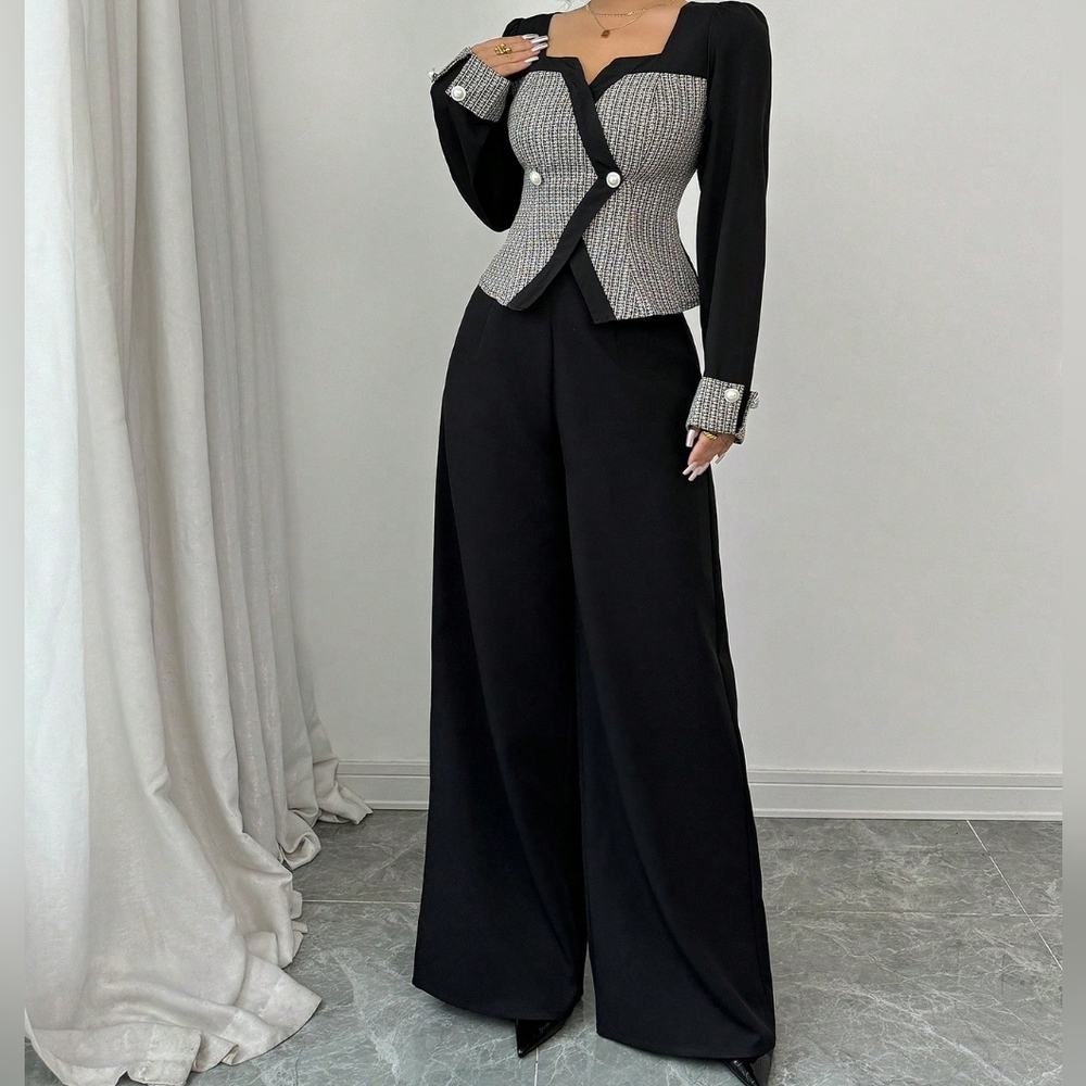 2pcs Women Elegant Color Block Cardigan & Wide Leg Pants Suit, Autumn - Picture 3 of 7